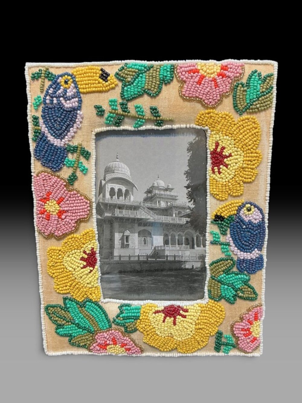 World Market Beaded Picture Frame Tropical Birds Flowers Handmade India Colorful